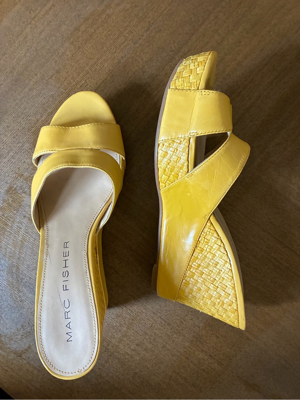 Marc Fisher Yellow Woven-Detail Wedge Sandals